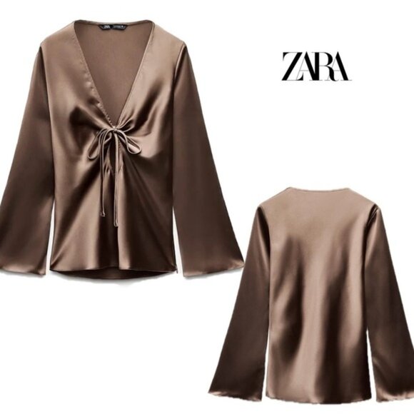 ZARA WOMAN CHOCOLATE BROWN SATIN BLOUSE SHIRT PEEP HOLE TIE BOW FLARE SLEEVE L - Picture 2 of 16